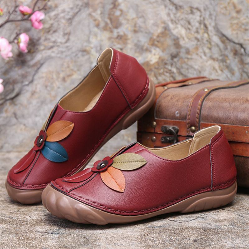 Naisten Retro-kukkaompeleet Mukavat Pyöreät Toe Slip On Flat Loafers Kengät