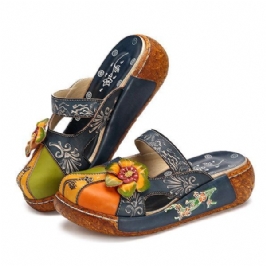 Vintage Värikäs Nahkainen Hollow Out Backless Kukkakengät Naisten Loafers