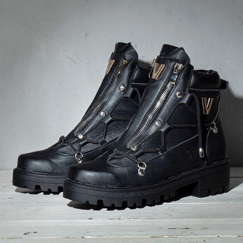 Miesten Hengittävä Paksu Pohja Retro Splicing Liukumaton Pyöreä Toe Vetoketju Casual Martin Boots