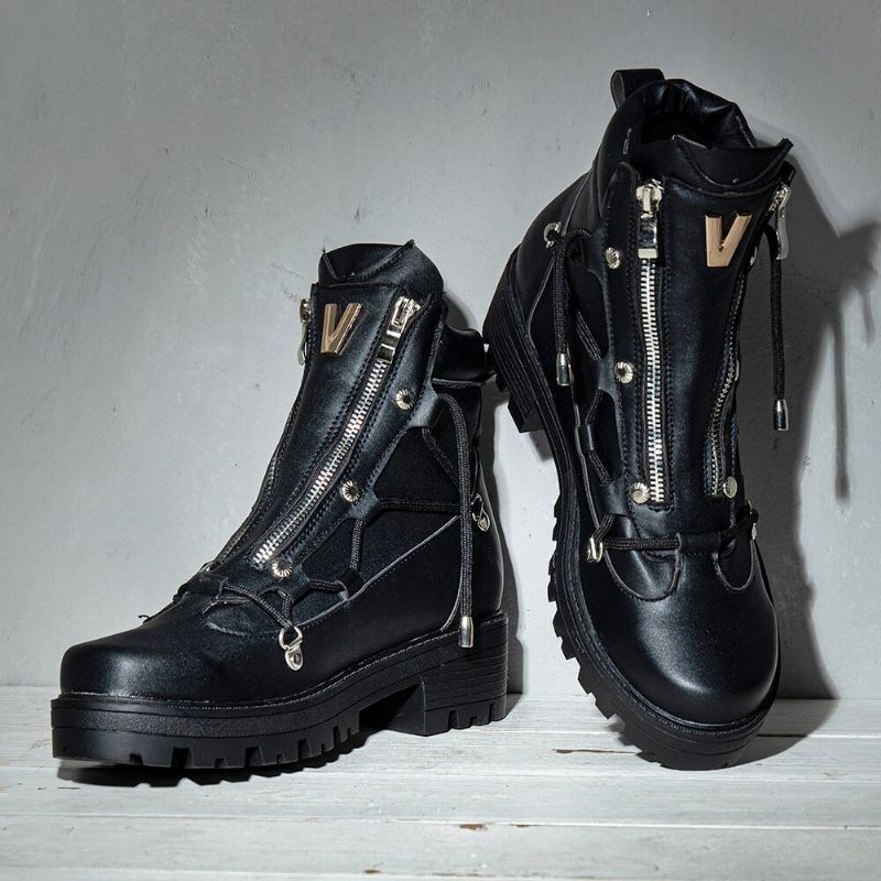 Miesten Hengittävä Paksu Pohja Retro Splicing Liukumaton Pyöreä Toe Vetoketju Casual Martin Boots