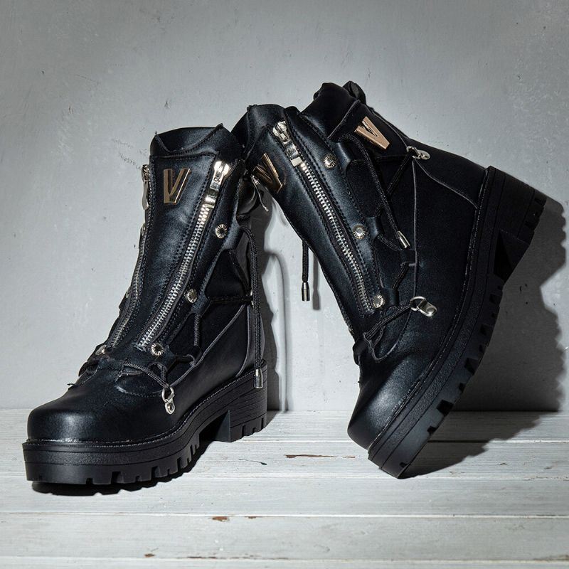 Miesten Hengittävä Paksu Pohja Retro Splicing Liukumaton Pyöreä Toe Vetoketju Casual Martin Boots