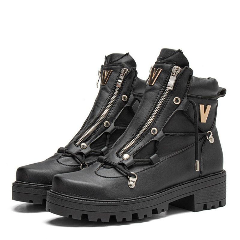 Miesten Hengittävä Paksu Pohja Retro Splicing Liukumaton Pyöreä Toe Vetoketju Casual Martin Boots