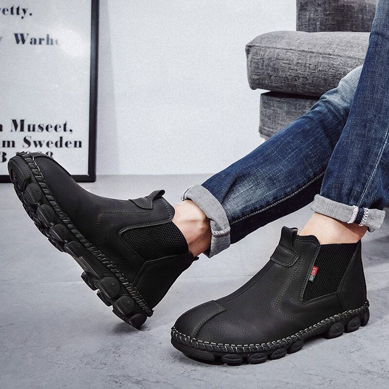 Miesten Mikrokuitunahka Mukava Pehmeä Pohja Joustava Slip On Hand Ompelevat Chelsea Saappaat