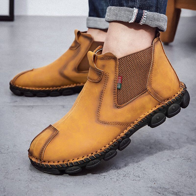 Miesten Mikrokuitunahka Mukava Pehmeä Pohja Joustava Slip On Hand Ompelevat Chelsea Saappaat