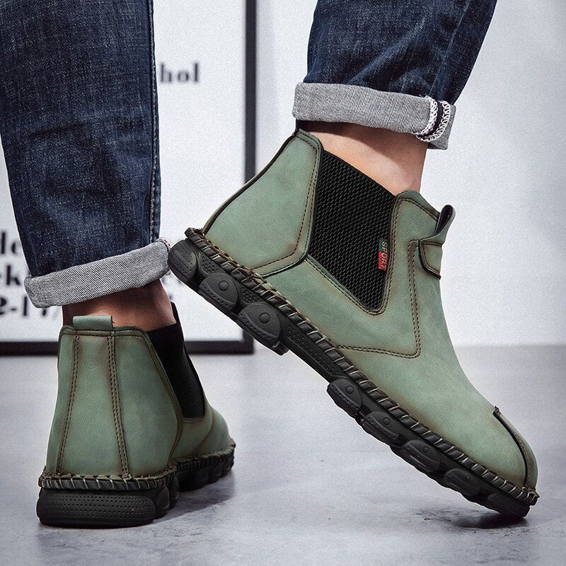 Miesten Mikrokuitunahka Mukava Pehmeä Pohja Joustava Slip On Hand Ompelevat Chelsea Saappaat