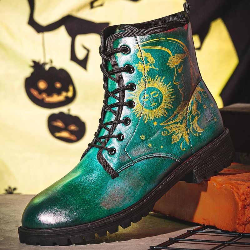 Miesten Nahka Halloween Hauska Painatus Pehmeä Pohja Pyöreä Toe Nauha Rennot Alustasaappaat