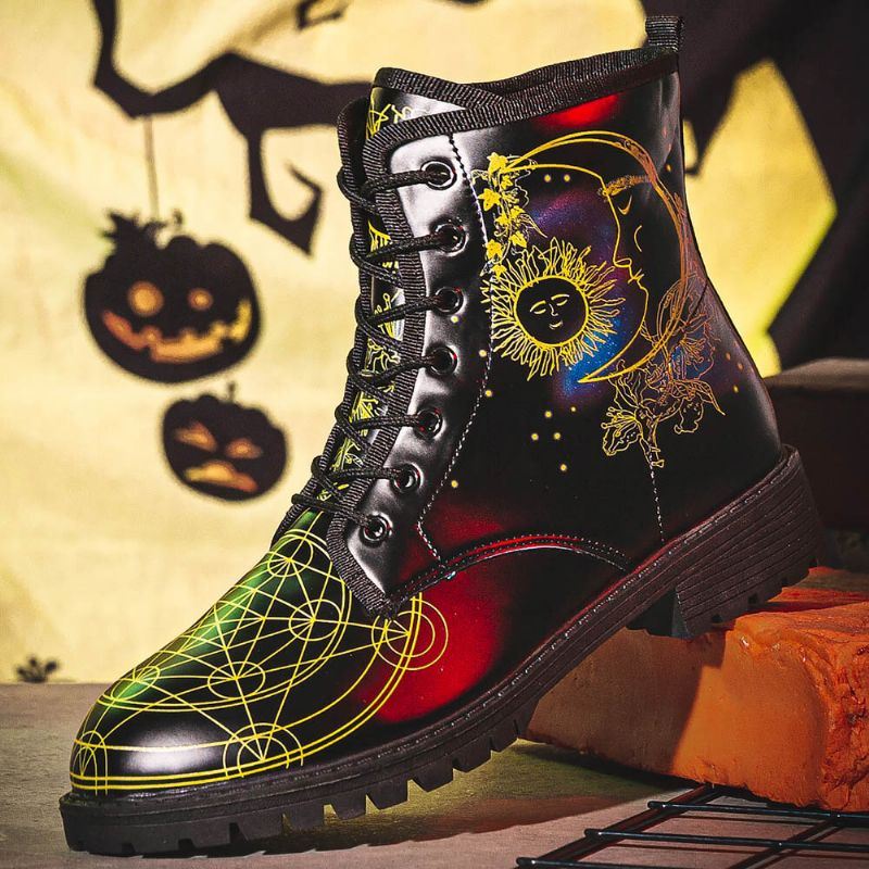Miesten Nahka Halloween Hauska Painatus Pehmeä Pohja Pyöreä Toe Nauha Rennot Alustasaappaat