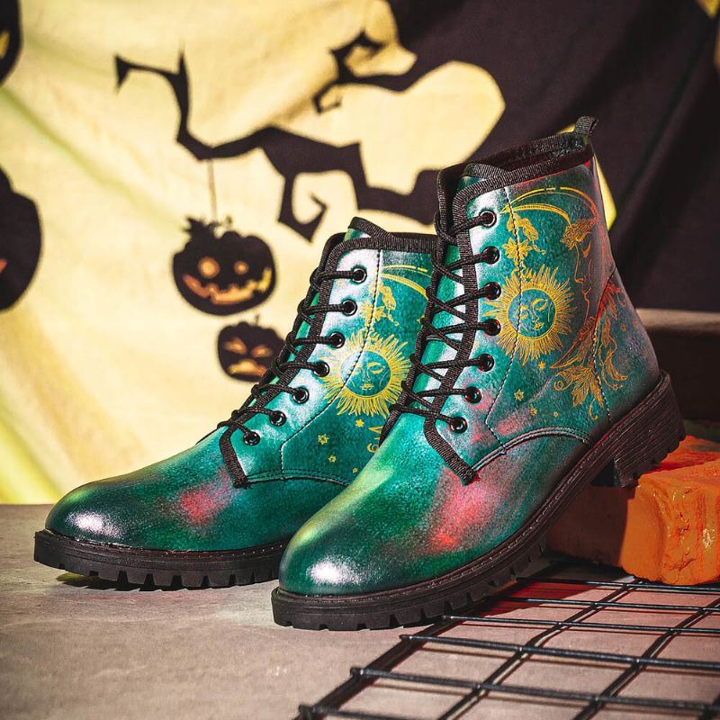 Miesten Nahka Halloween Hauska Painatus Pehmeä Pohja Pyöreä Toe Nauha Rennot Alustasaappaat