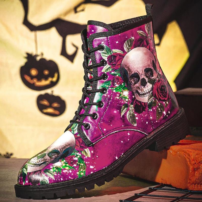 Miesten Nahka Halloween Pehmeä Pohja Pyöreä Toe Hauska Pääkallo Printing Casual Martin Boots