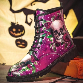 Miesten Nahka Halloween Pehmeä Pohja Pyöreä Toe Hauska Pääkallo Printing Casual Martin Boots