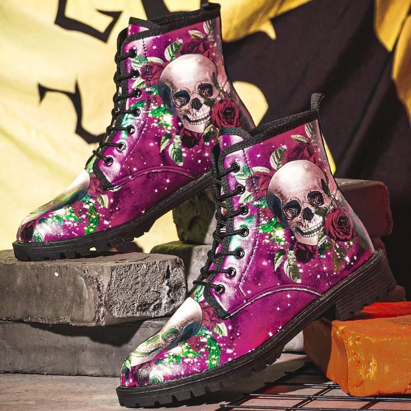 Miesten Nahka Halloween Pehmeä Pohja Pyöreä Toe Hauska Pääkallo Printing Casual Martin Boots