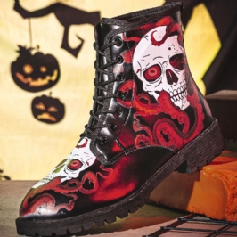 Miesten Nahka Halloween Pehmeä Pohja Pyöreä Toe Platform Skull Printing Mukavat Vapaa-ajan Saappaat