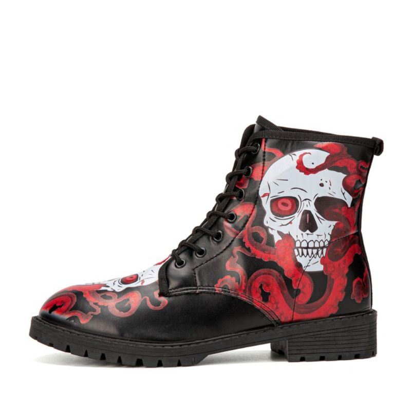 Miesten Nahka Halloween Pehmeä Pohja Pyöreä Toe Platform Skull Printing Mukavat Vapaa-ajan Saappaat