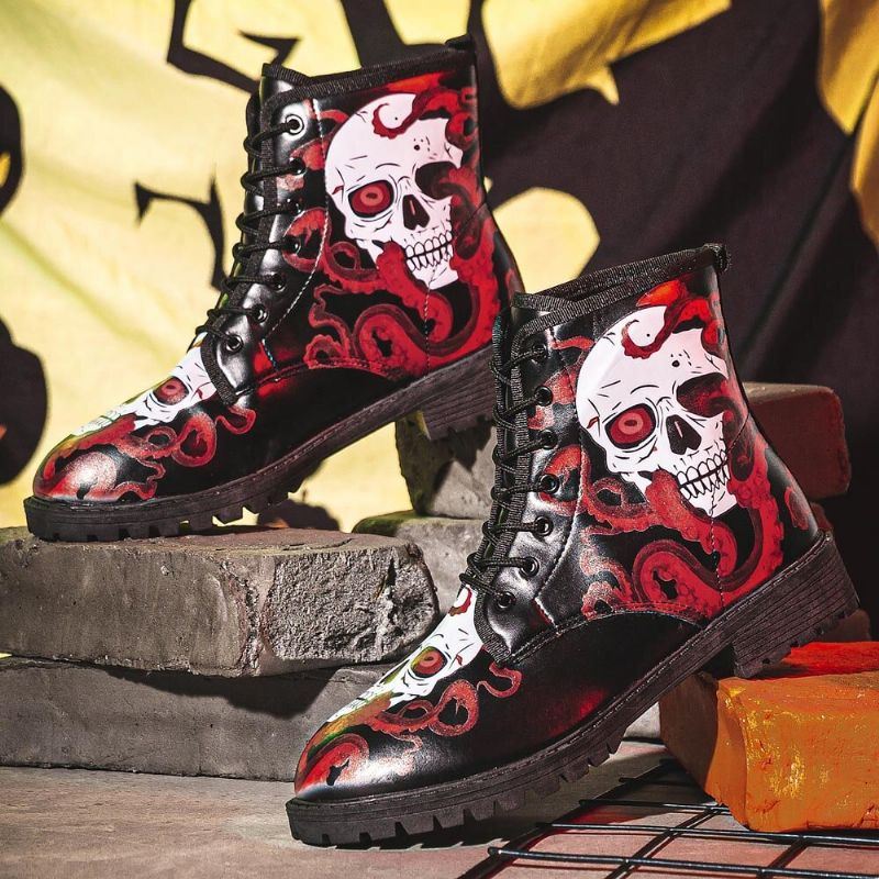 Miesten Nahka Halloween Pehmeä Pohja Pyöreä Toe Platform Skull Printing Mukavat Vapaa-ajan Saappaat