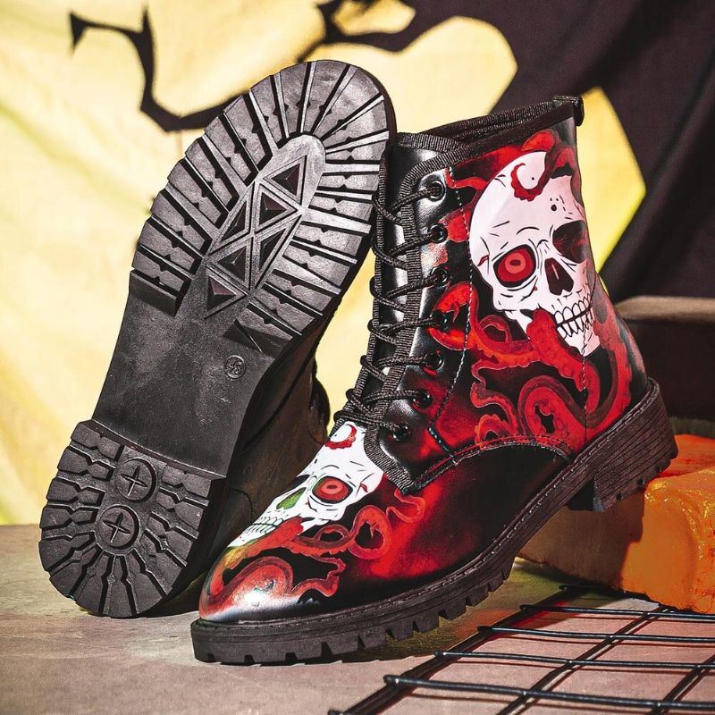 Miesten Nahka Halloween Pehmeä Pohja Pyöreä Toe Platform Skull Printing Mukavat Vapaa-ajan Saappaat