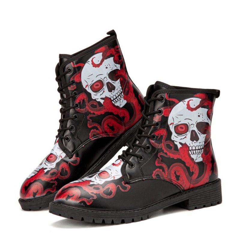 Miesten Nahka Halloween Pehmeä Pohja Pyöreä Toe Platform Skull Printing Mukavat Vapaa-ajan Saappaat