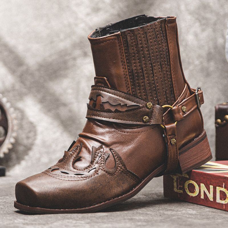 Miesten Nahka Mukava Pehmeä Pohja Retro Roman Square Toe Slip On Rento Knight Boots
