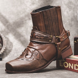 Miesten Nahka Mukava Pehmeä Pohja Retro Roman Square Toe Slip On Rento Knight Boots