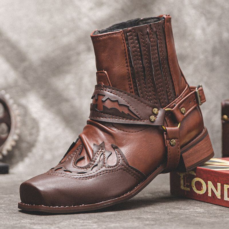 Miesten Nahka Mukava Pehmeä Pohja Retro Roman Square Toe Slip On Rento Knight Boots