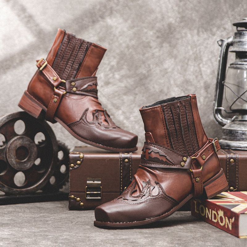 Miesten Nahka Mukava Pehmeä Pohja Retro Roman Square Toe Slip On Rento Knight Boots