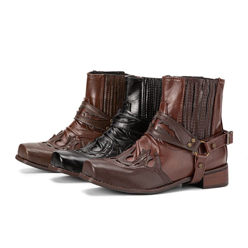 Miesten Nahka Mukava Pehmeä Pohja Retro Roman Square Toe Slip On Rento Knight Boots