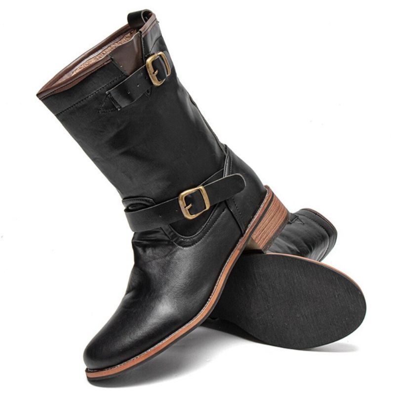 Miesten Nahka Retro Pyöreä Toe Liukumaton Mukava Slip On Solid Casual Martin Boots