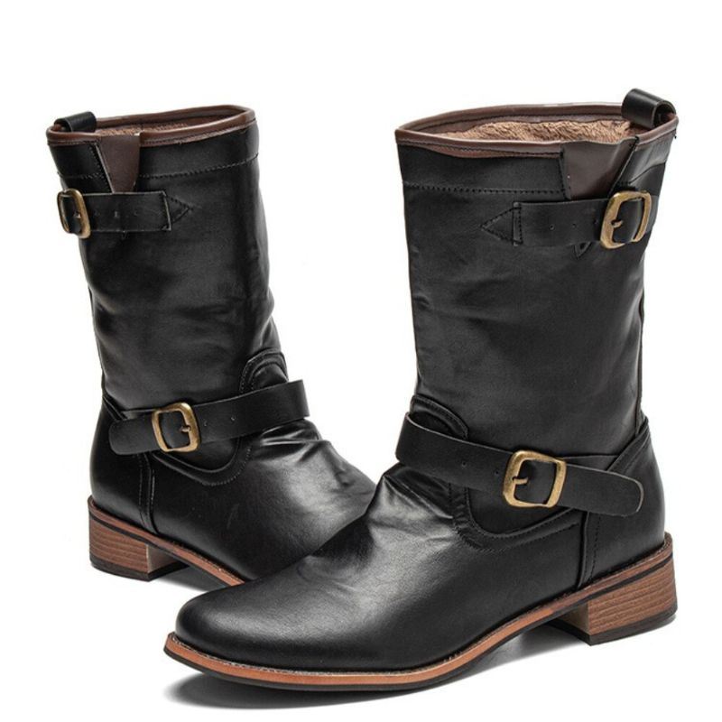 Miesten Nahka Retro Pyöreä Toe Liukumaton Mukava Slip On Solid Casual Martin Boots