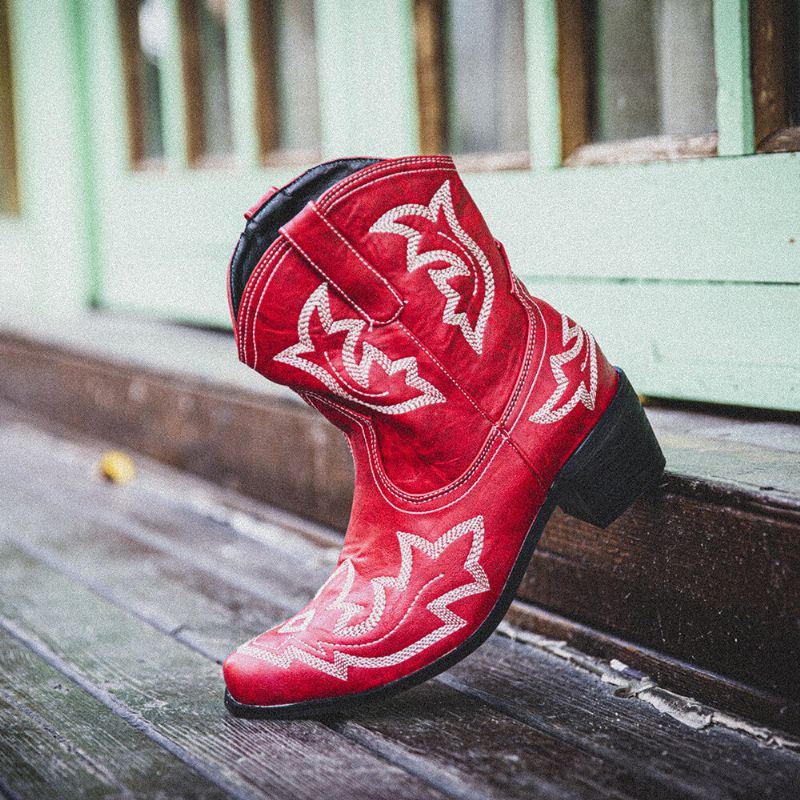 Naisten Folkways Kukkakirjailoidut Paksut Heel Slip-on Lyhyet Cowboy-saappaat
