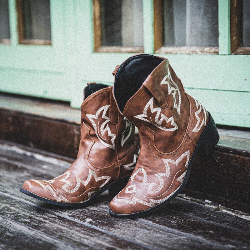 Naisten Folkways Kukkakirjailoidut Paksut Heel Slip-on Lyhyet Cowboy-saappaat