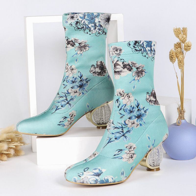 Naisten Mukavat Tyylikkäät Brodeeratut Kukat Kangas Joustava Slip On Chunky Heel Lyhyet Saappaat
