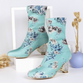 Naisten Mukavat Tyylikkäät Brodeeratut Kukat Kangas Joustava Slip On Chunky Heel Lyhyet Saappaat