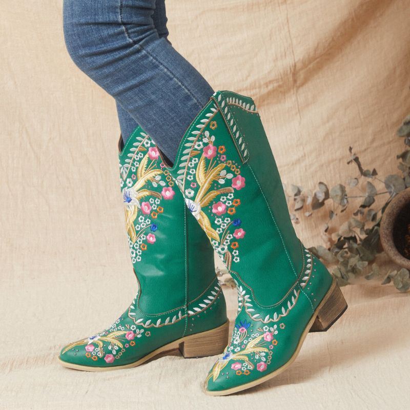 Naisten Nahkaiset Retro-kukkapainatus Mukavat Pukeutuvat Paksut Korkokengät Cowboy-saappaat
