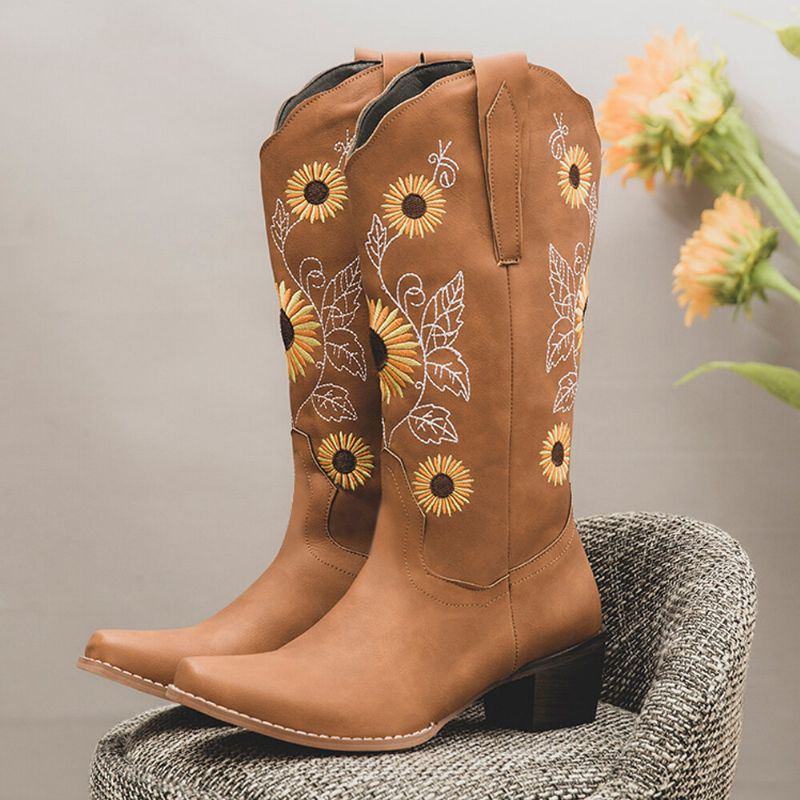 Naisten Plus Size Retro Auringonkukka Brodeerattu Paksu Kantapää Pohkeen Cowboysaappaat