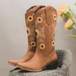 Naisten Plus Size Retro Auringonkukka Brodeerattu Paksu Kantapää Pohkeen Cowboysaappaat