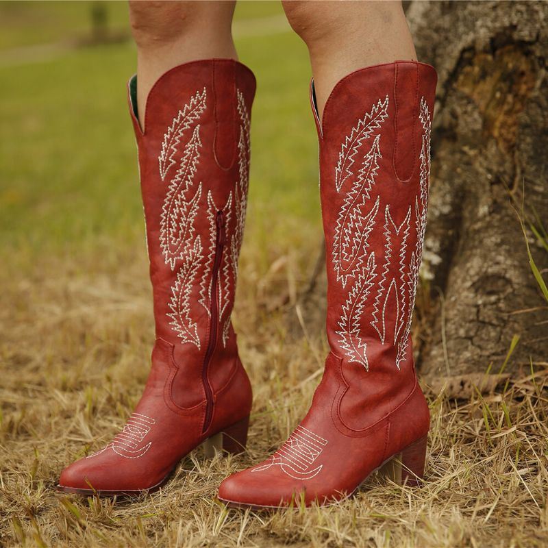 Naisten Plus Size Retro Punainen Teräväkärki Brodeerattu Paksu Kantapää Vetoketju Cowboy Saappaat