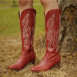 Naisten Plus Size Retro Punainen Teräväkärki Brodeerattu Paksu Kantapää Vetoketju Cowboy Saappaat