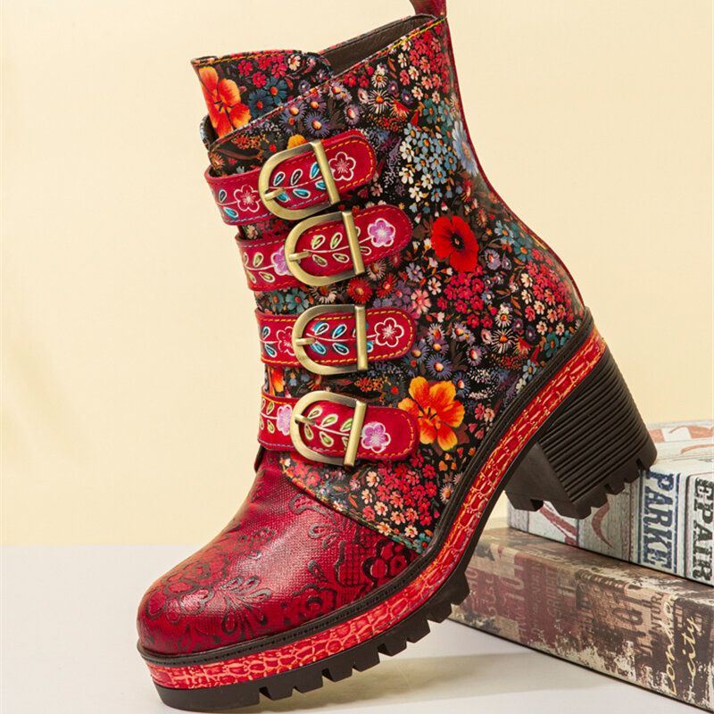 Naisten Retro Aito Nahka Kukkakuvioinen Metallisolki Koukku Look Lämmin Vuori Platform Paksu Kantapää Lyhyet Saappaat