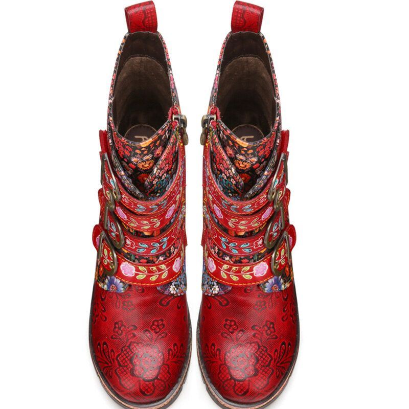 Naisten Retro Aito Nahka Kukkakuvioinen Metallisolki Koukku Look Lämmin Vuori Platform Paksu Kantapää Lyhyet Saappaat