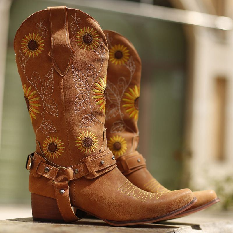 Naisten Retro-auringonkukkikuvioinen Teräväkärkinen Paksu Kantapäävaljaat Cowboy-saappaat