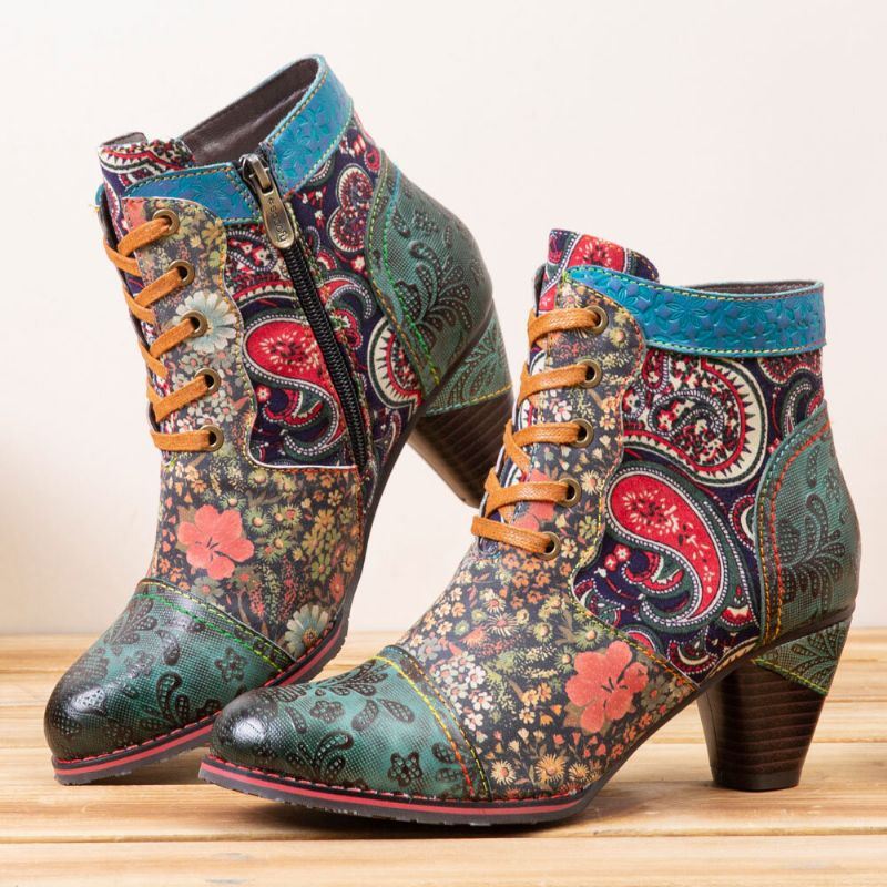 Naisten Retro-paisley-kuvioiset Nahkaiset Tilkkunauhakuvioiset Nauhakuvioiset Sivuvetoketjut Mukavat Matalakorkoiset Lyhyet Nilkkurit
