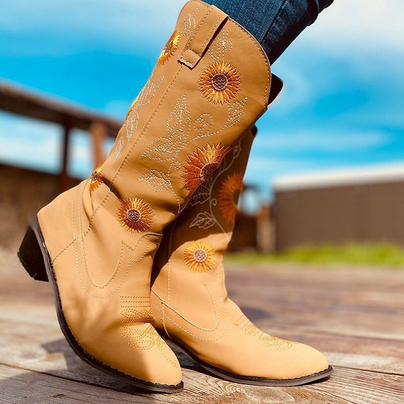 Naisten Suuret Päivänkakkara Brodeerattu Paksu Kantapää Teräväkärkinen Cowboy-saappaat