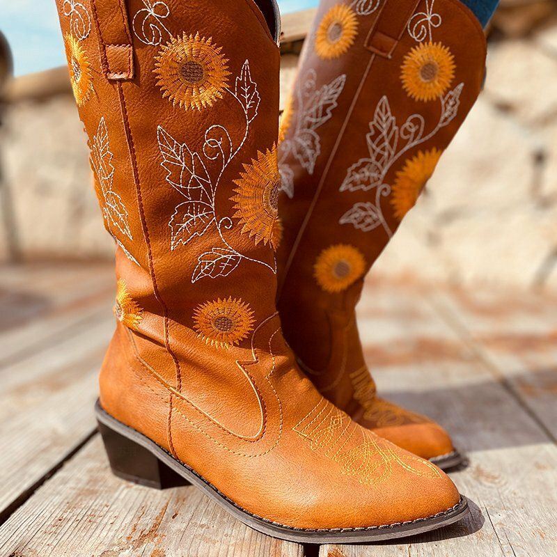 Naisten Suuret Päivänkakkara Brodeerattu Paksu Kantapää Teräväkärkinen Cowboy-saappaat