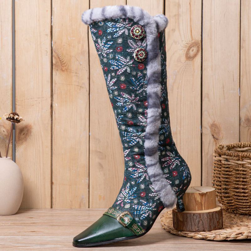 Naisten Vintage Nahka Patchwork Pehmo Pitsi Kukkaprintti Ohutkorkoiset Korkeat Saappaat