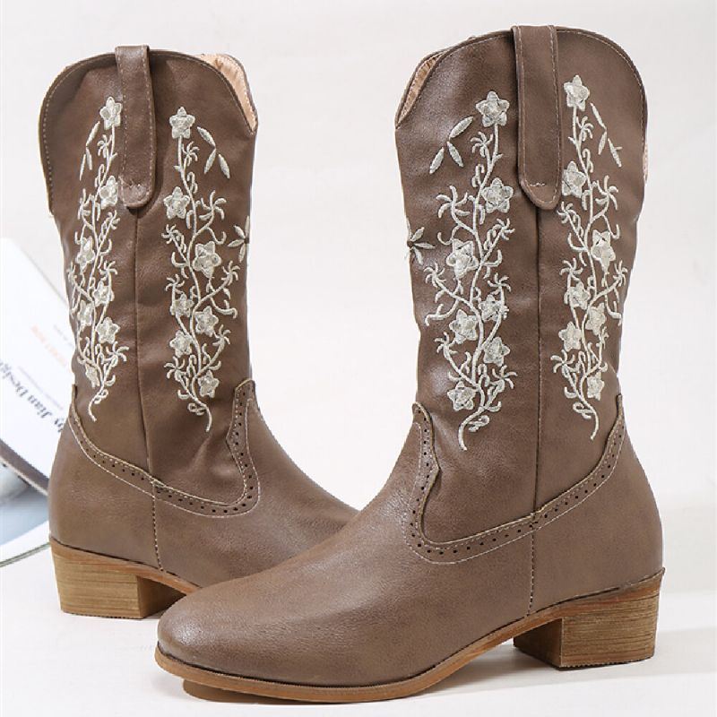 Retro Flowers Neliömäiset Varvassuojat Pohkeen Keskiosassa Block Heel Cowboy-saappaat Naisille