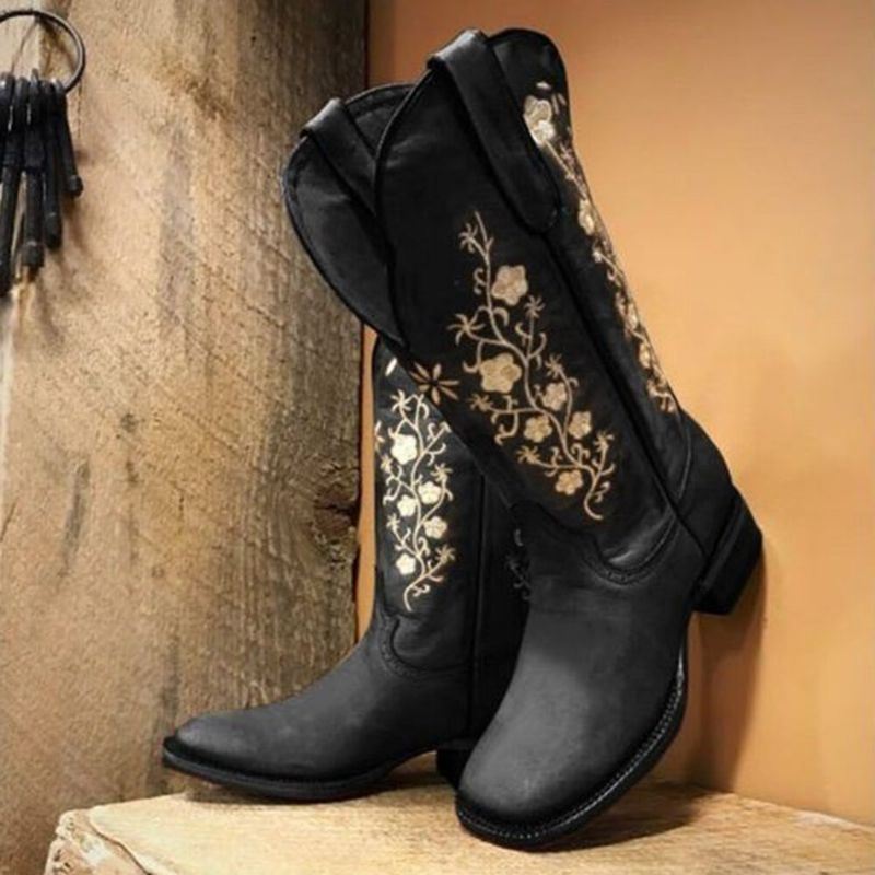 Retro Flowers Neliömäiset Varvassuojat Pohkeen Keskiosassa Block Heel Cowboy-saappaat Naisille