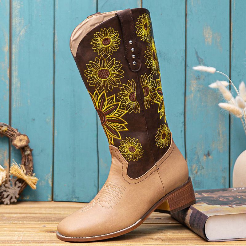 Suuret Naisten Retro Etniset Kukkakirjailoidut Mukavat Neliömäiset Kantakorkoiset Cowboysaappaat