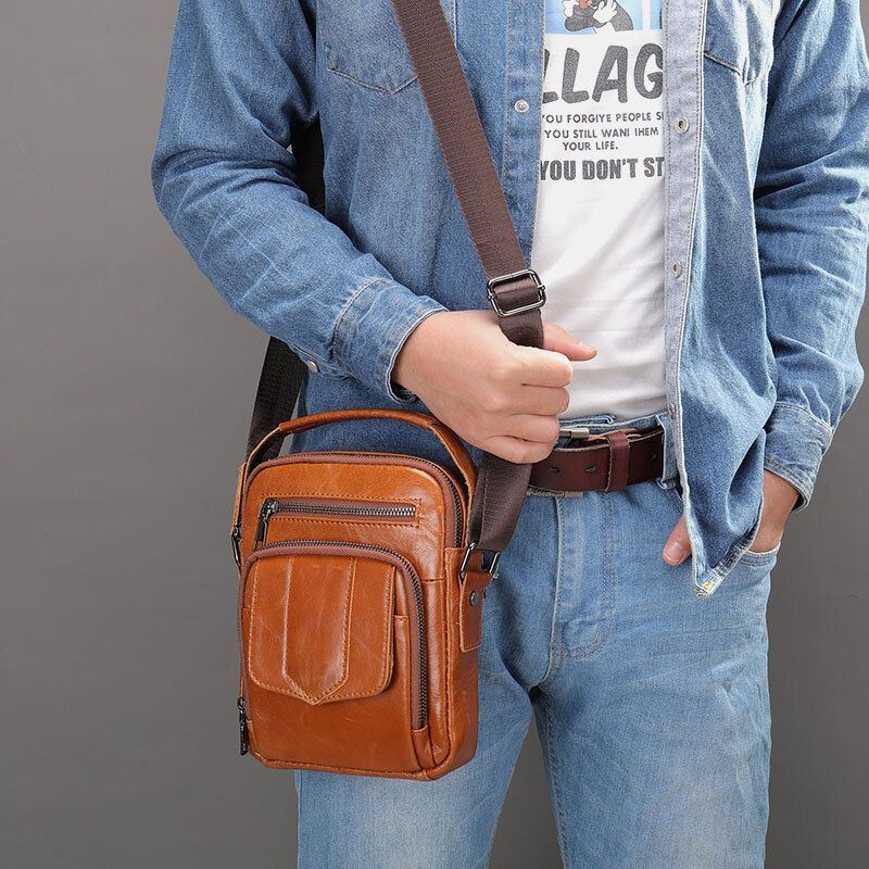 Miesten Aitoa Nahkaa Casual Kulutusta Kestävä Vedenpitävä Crossbody Laukku