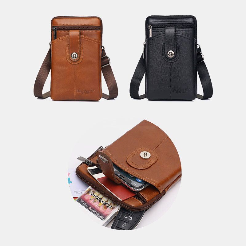 Miesten Aitoa Nahkaa Vintage Monitoiminen 6.5 Tuuman Vetoketjullinen Puhelinlaukku Crossbody Laukku Vyötärölaukku