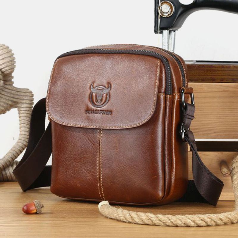 Miesten Ensimmäisen Kerroksen Lehmännahkainen Monitaskuinen Poikkivartalokassi Retro Suuri Tilavuus Takavarkaudenesto Tasku Olkalaukku