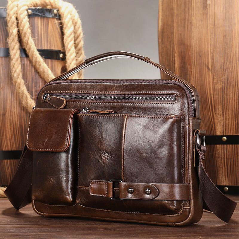 Miesten Öljyvaha Nahka Suuri Tilavuus Vedenpitävä Messenger Bag Salkku Monitaskuinen Lehmännahkainen Crossbody Laukut Olkalaukku